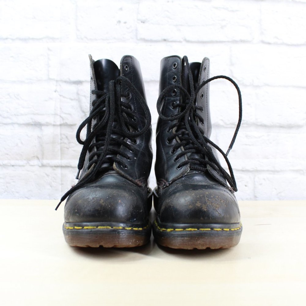 VTG! Dr. MARTENS Black Leather Lace Up Steel Toe C - Picture 4 of 8